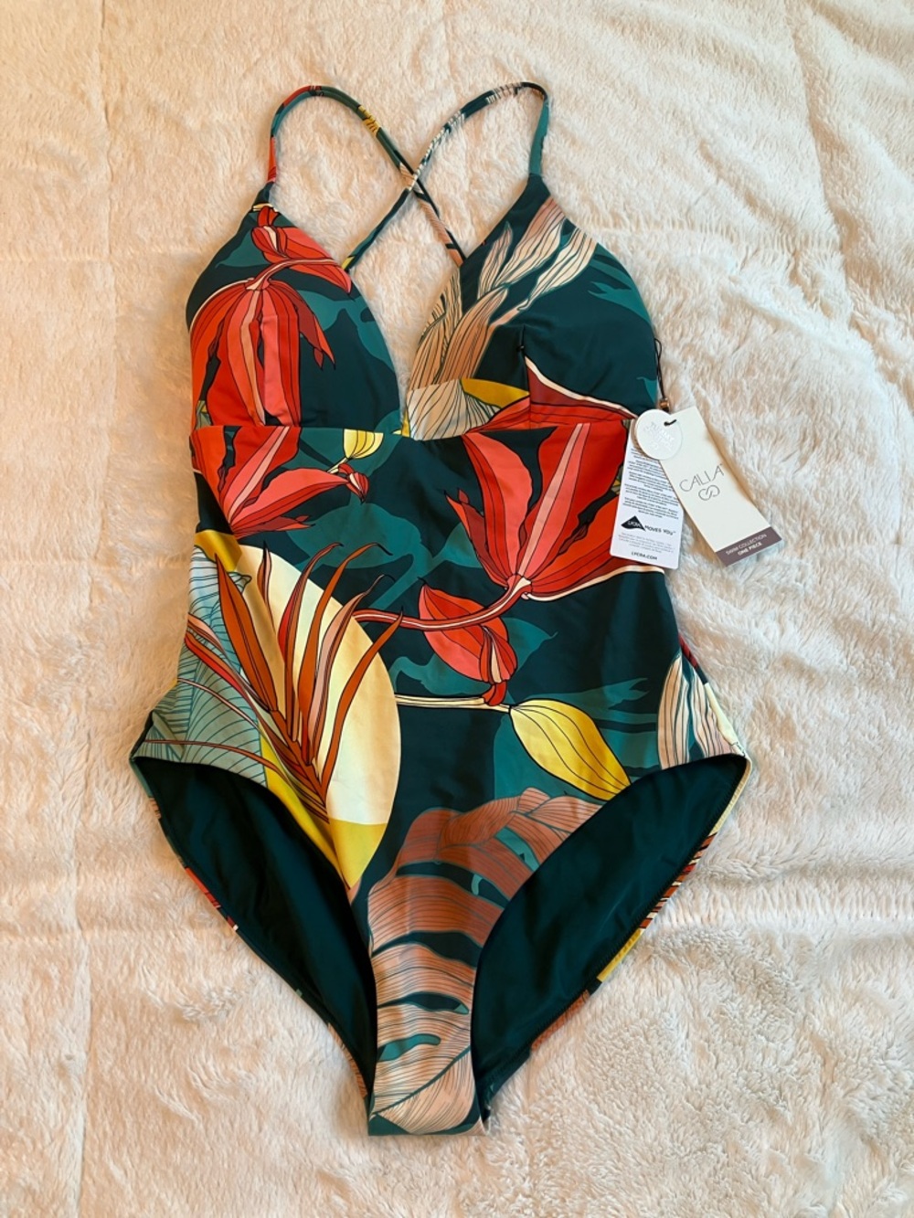 CALIA by Carrie Underwood Tropical Floral One-Piece Teal, Red and Yellow (S1-10)